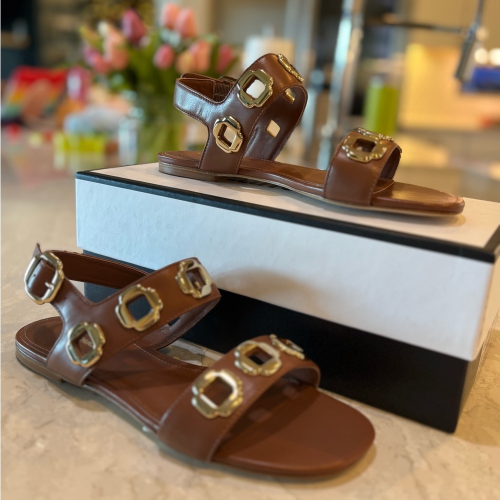 Larroude Milan Flat Sandal in Caramel Leather - Picture 9 of 11